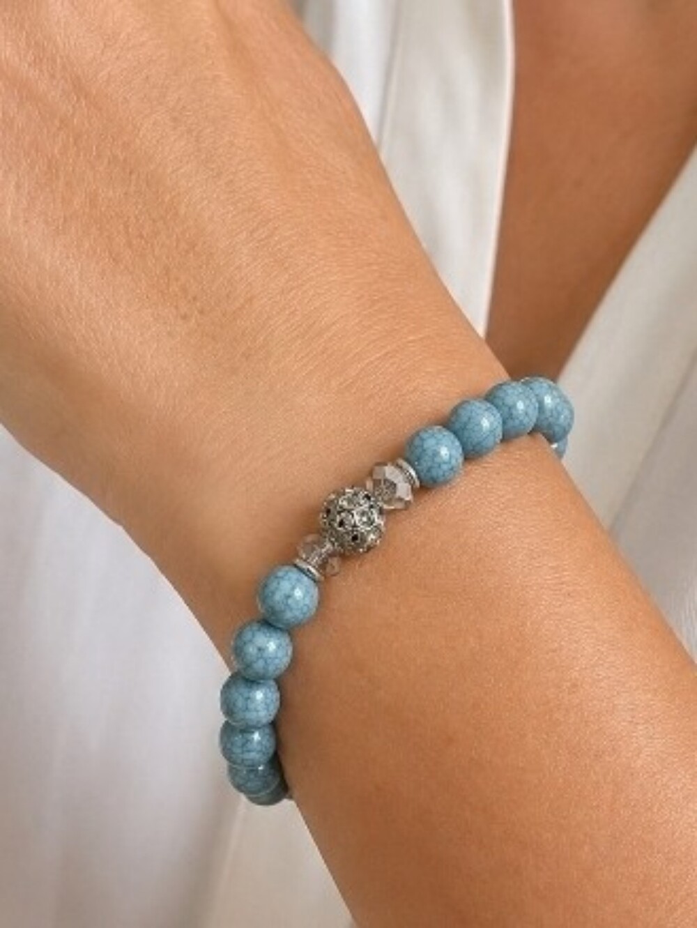 Blue Beaded Stretch Bracelet with Silver Accent